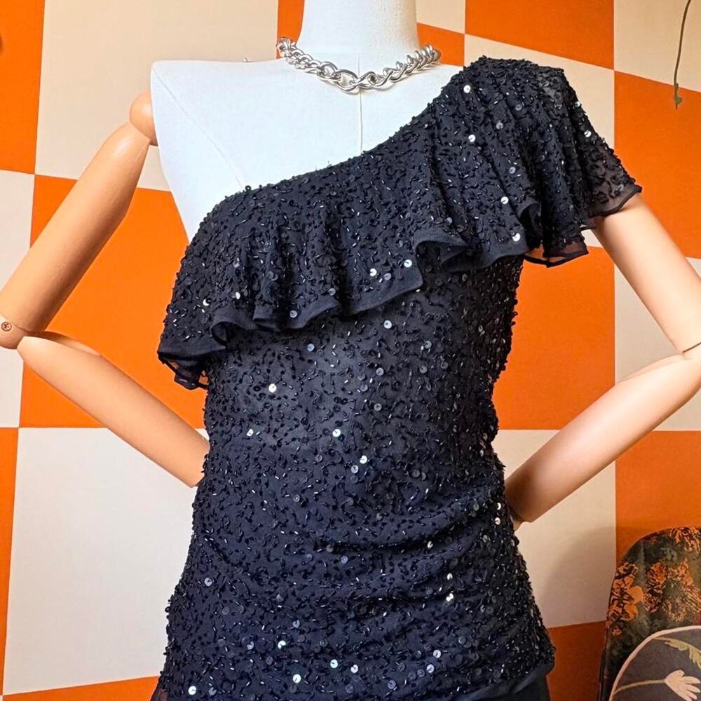 Y2K Vintage Black Beaded Sequin Asymmetrical Flutter Sleeve Silk Blouse